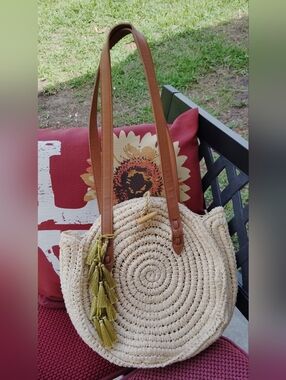 INC Woven Round Straw Shoulder Bag with Tan Leather Straps